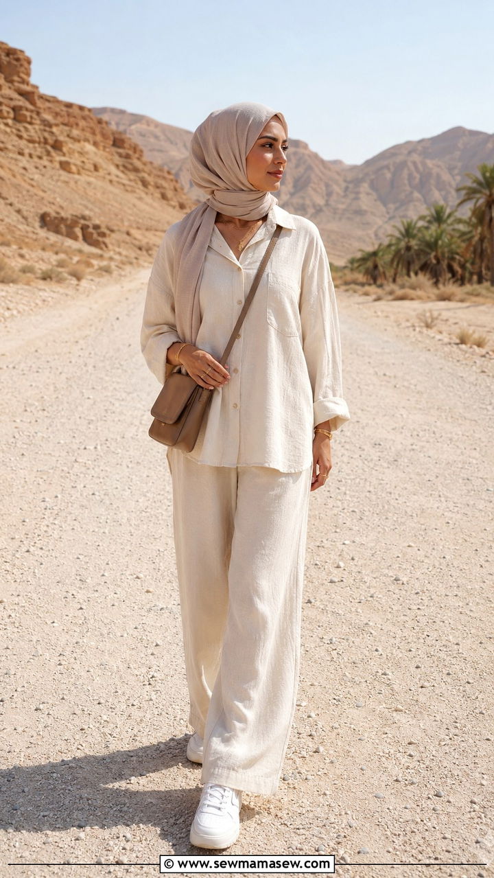 Linen Co Ord Set With White Sneakers - 25 Modest outfit ideas for desert trip