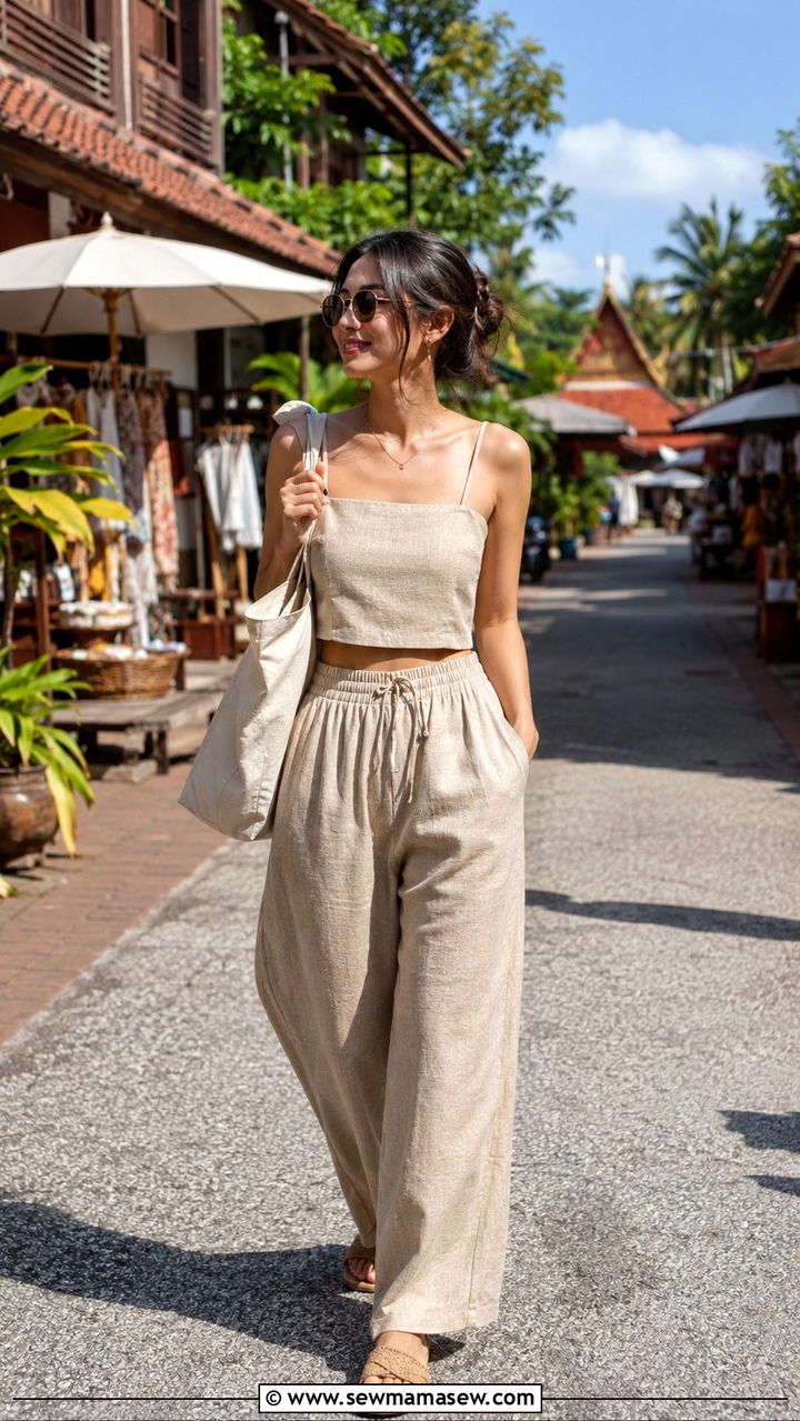 Linen Co Ord Set With Woven Sandals - 25 Asian vacation outfit ideas