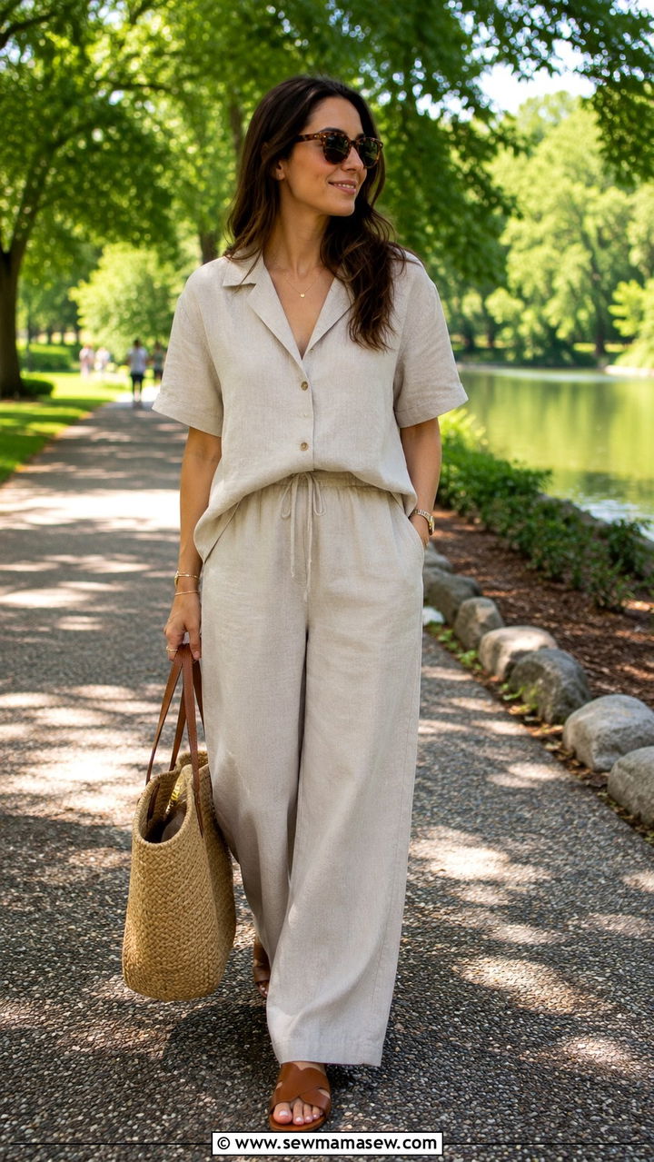 Linen Co Ord Set with Slide Sandals and Woven Tote - 30 Picnic outfit ideas