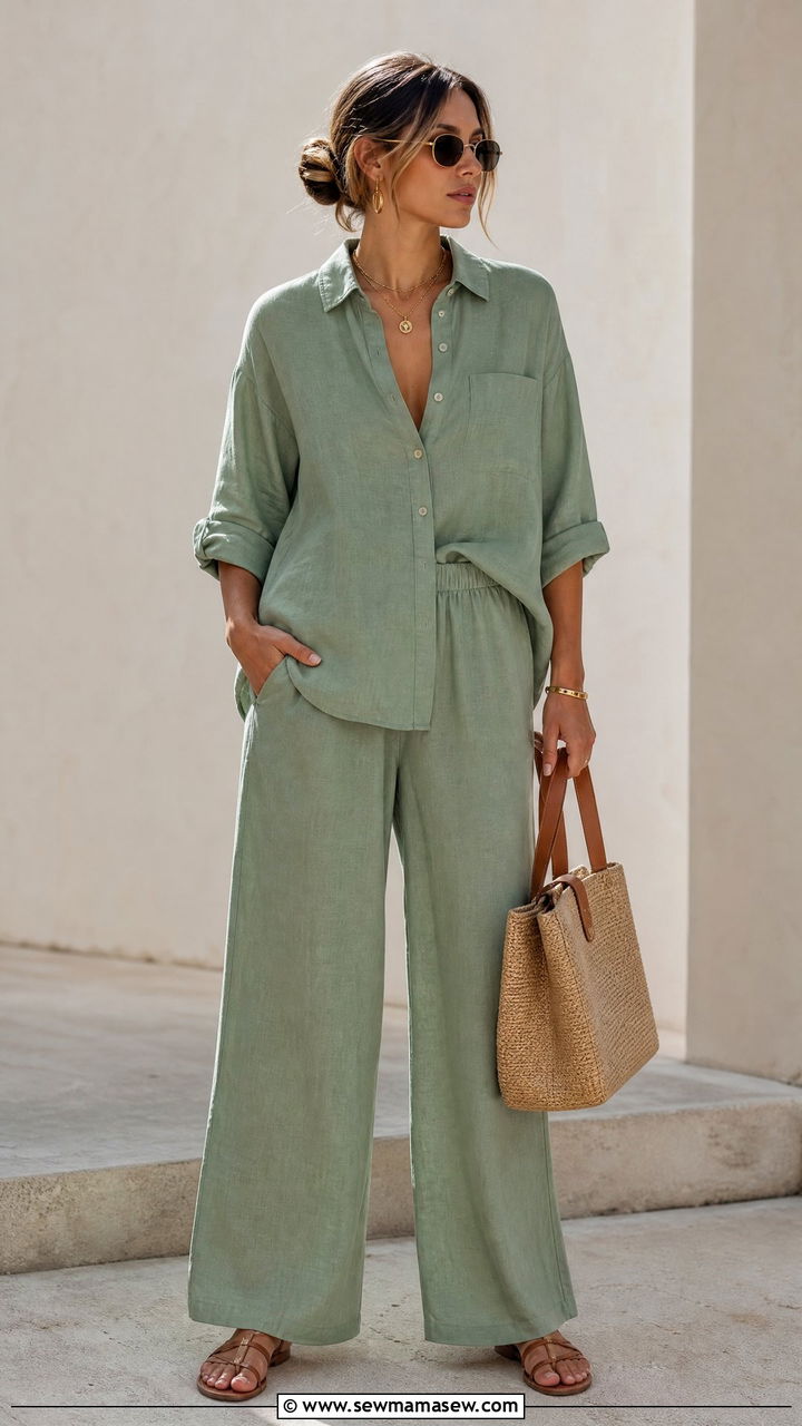 Linen Co Ord Set with Strappy Sandals Outfit - 30 summer hot weather outfit ideas
