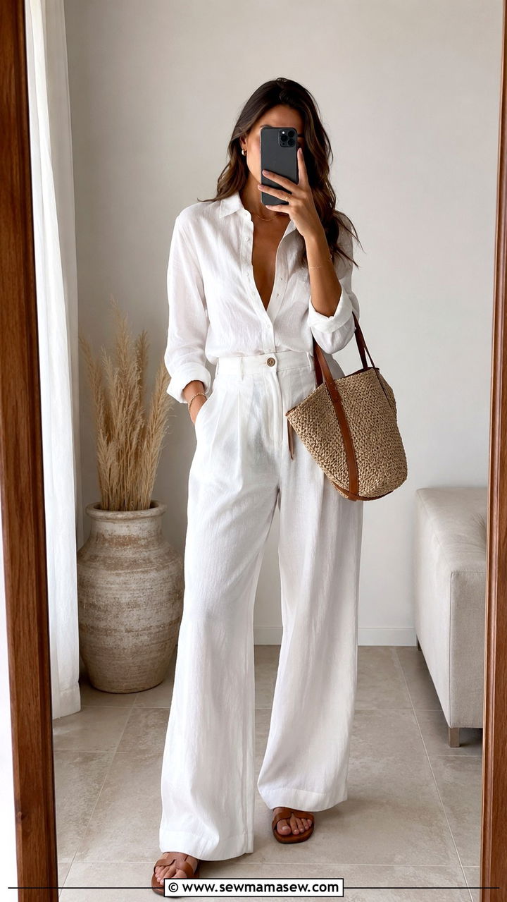 Linen Co ord Set With Woven Bag and Flat Sandals - 30 chic summer concert outfits for women