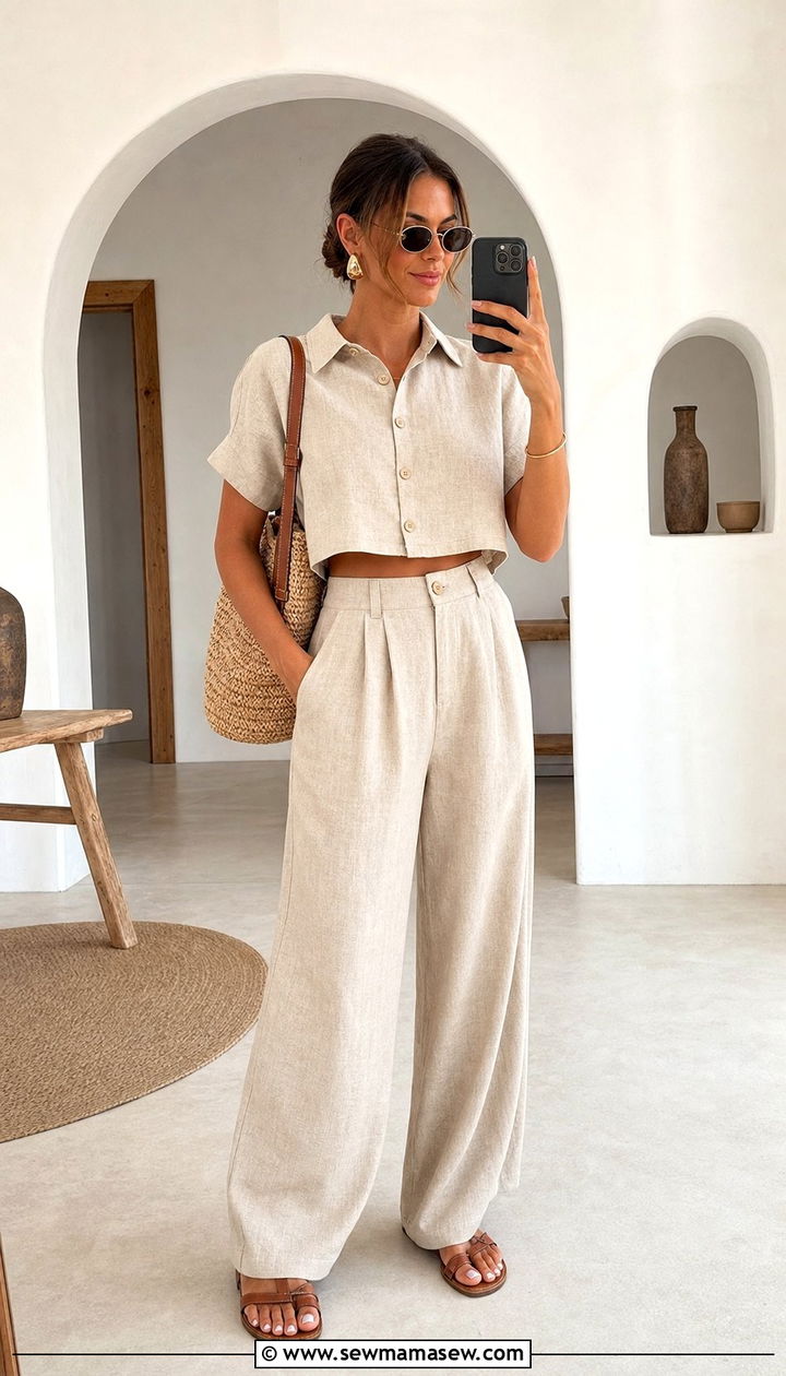 Linen CoOrd Set With Strappy Flat Sandals - 25 European summer outfits aesthetic