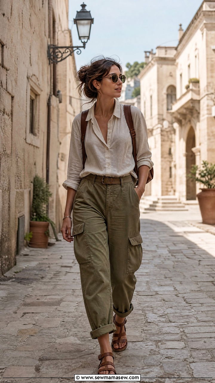 Linen Collared Shirt With Olive Cargo Trousers and Brown Leather Hiking Sandals - 30 summer light academia outfits