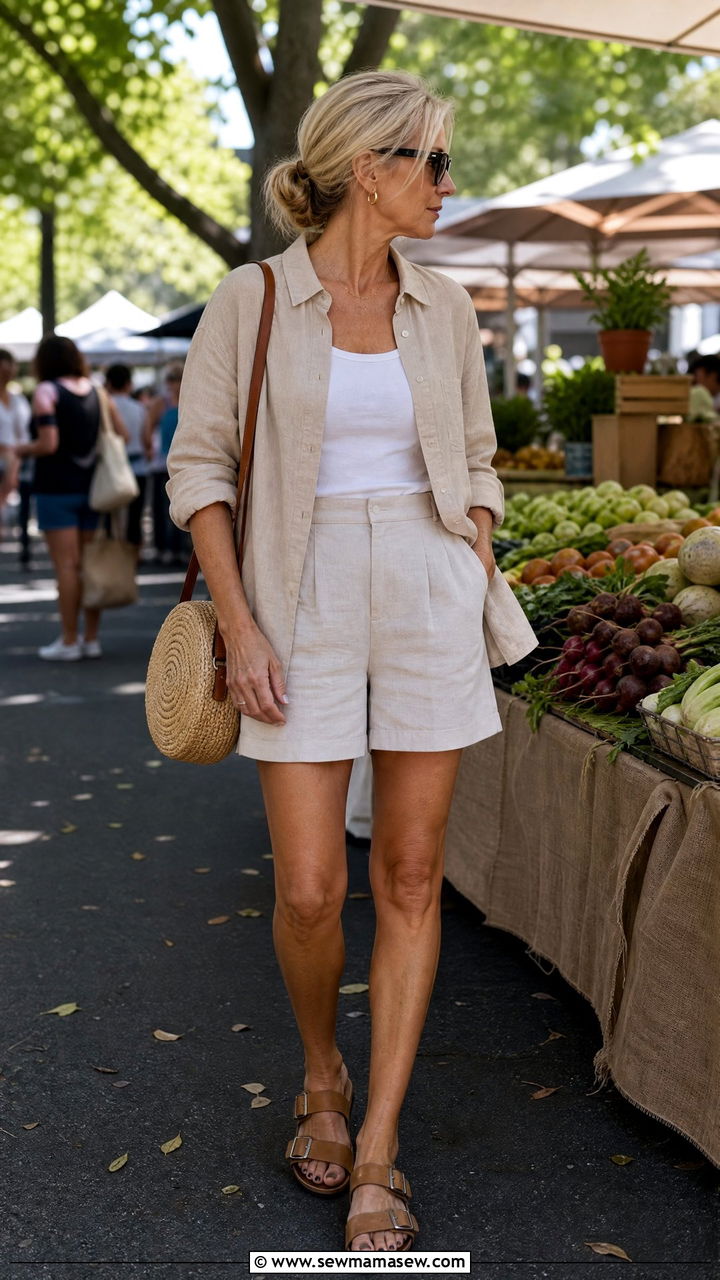 Linen Collared Shirt and Neutral Shorts - 25 casual coastal grandmother outfits
