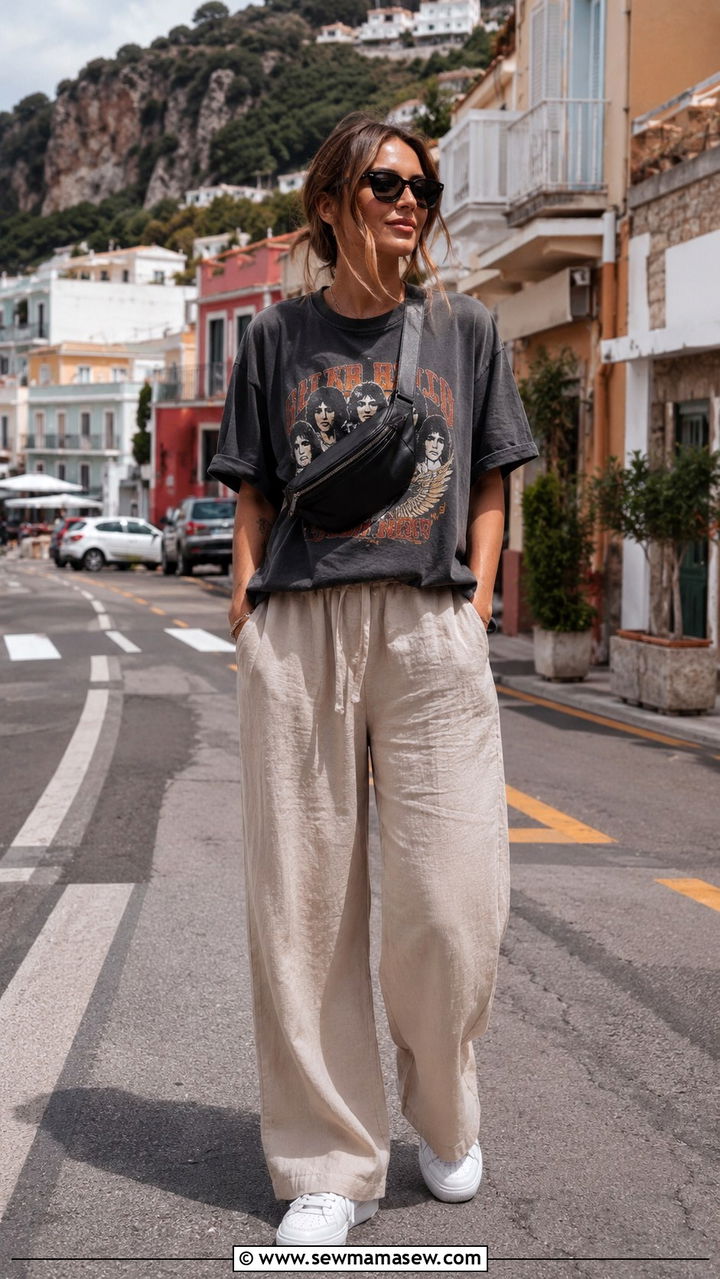 Linen Cover Up Pants With Oversized Graphic Tee - 30 Pant cover up outfit ideas