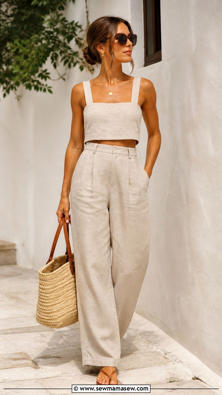 Linen Crop Top With High Waist Wide Leg Trousers - 40 Summer Greece outfit ideas