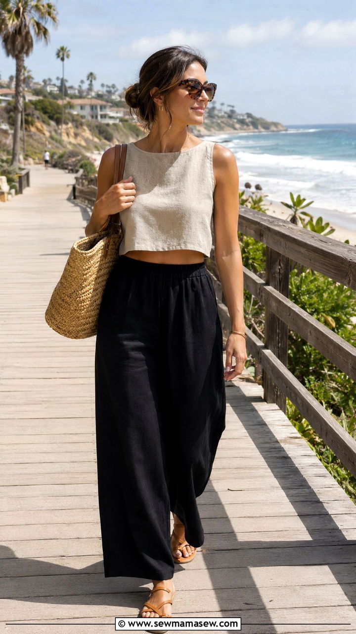 Linen Cropped Tank With Black Wide Leg Linen Pants and Flat Leather Sandals - 25 Wide leg black pants outfit ideas with a crop top
