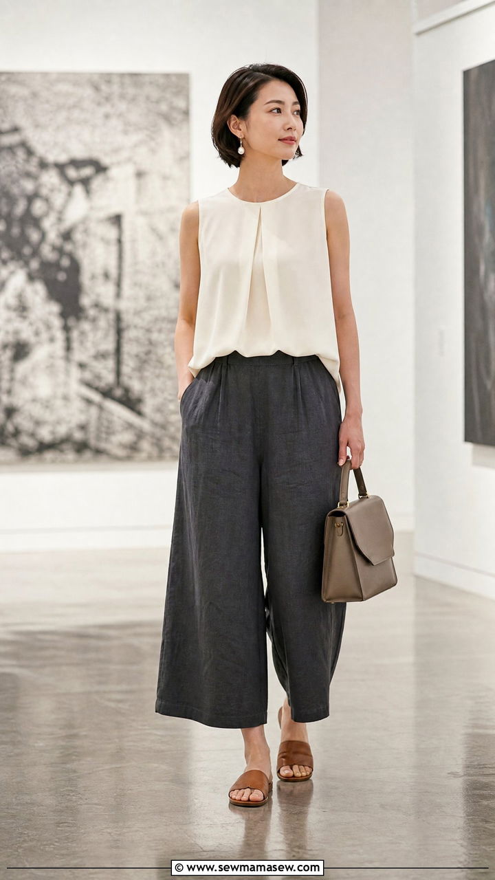 Linen Culottes and Sleeveless Blouse Outfit - 40 Summer Japan outfit ideas