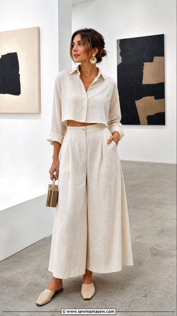 Linen Culottes with a Cropped Button Down - 30 Linen pants outfit ideas with a button down