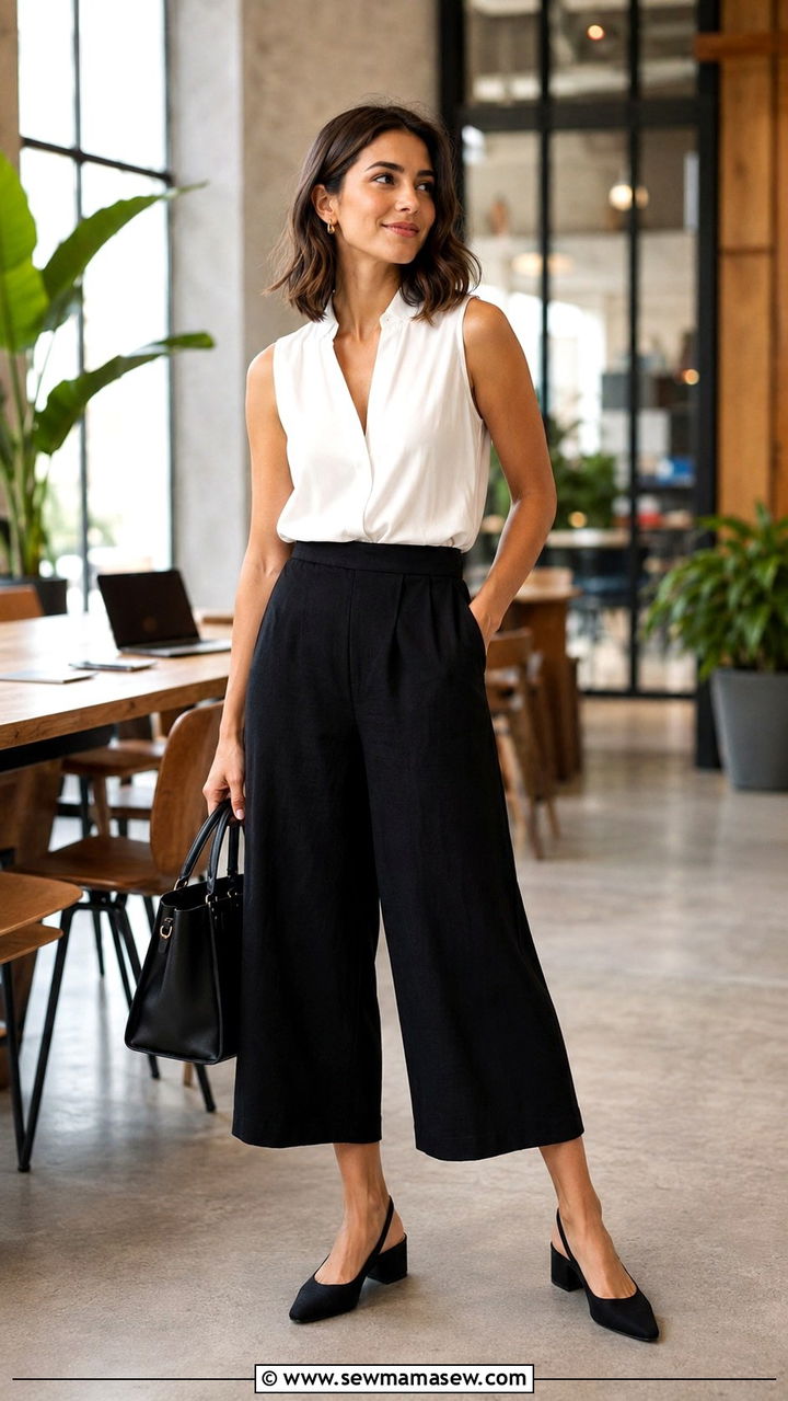 Linen Culottes with a Tucked In Top - 30 Linen pants outfit ideas for work