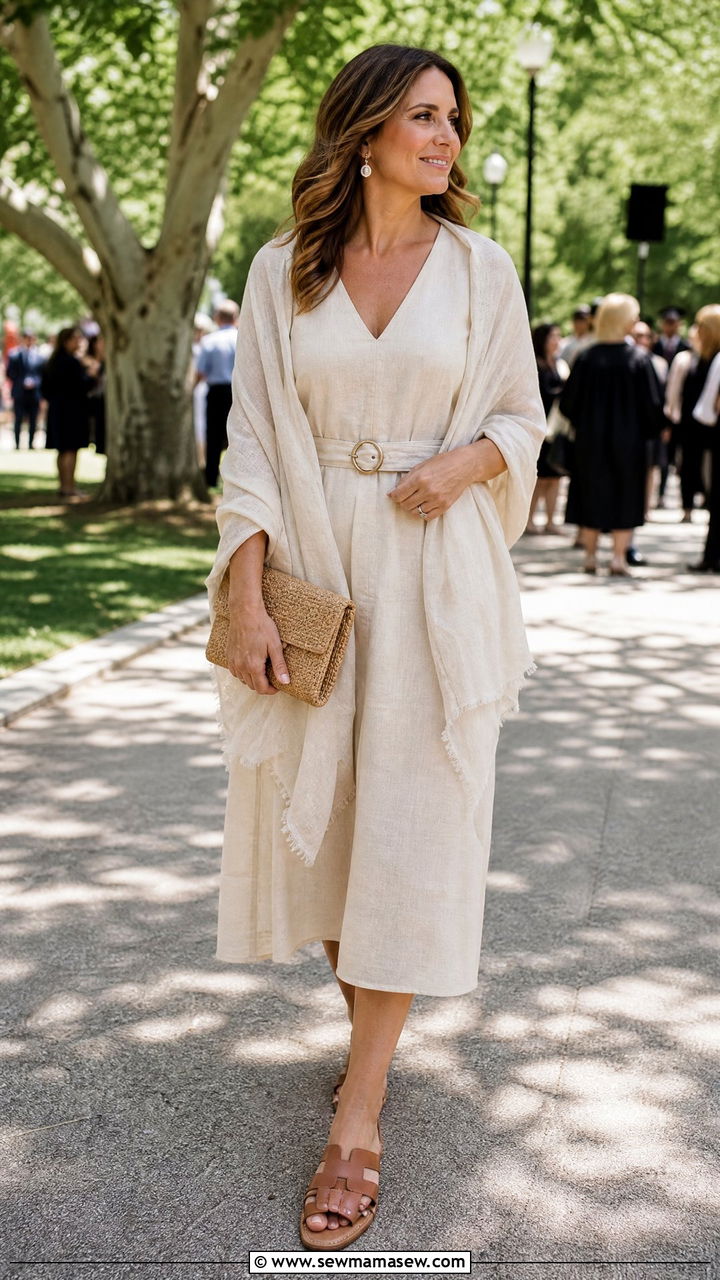 Linen Dress With Cinch Belt And Shawl - 35 Graduation outfits for moms
