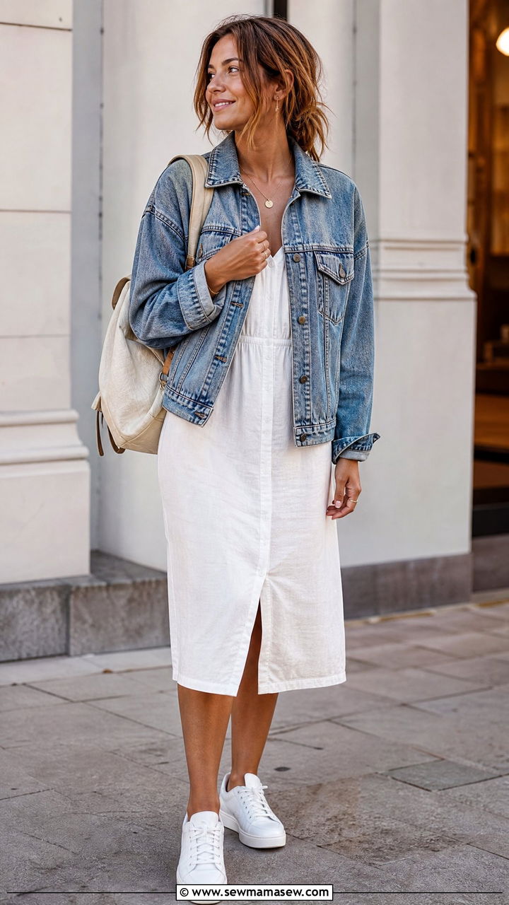 Linen Dress With Denim Jacket And Sneakers - 30 summer linen dress outfit ideas