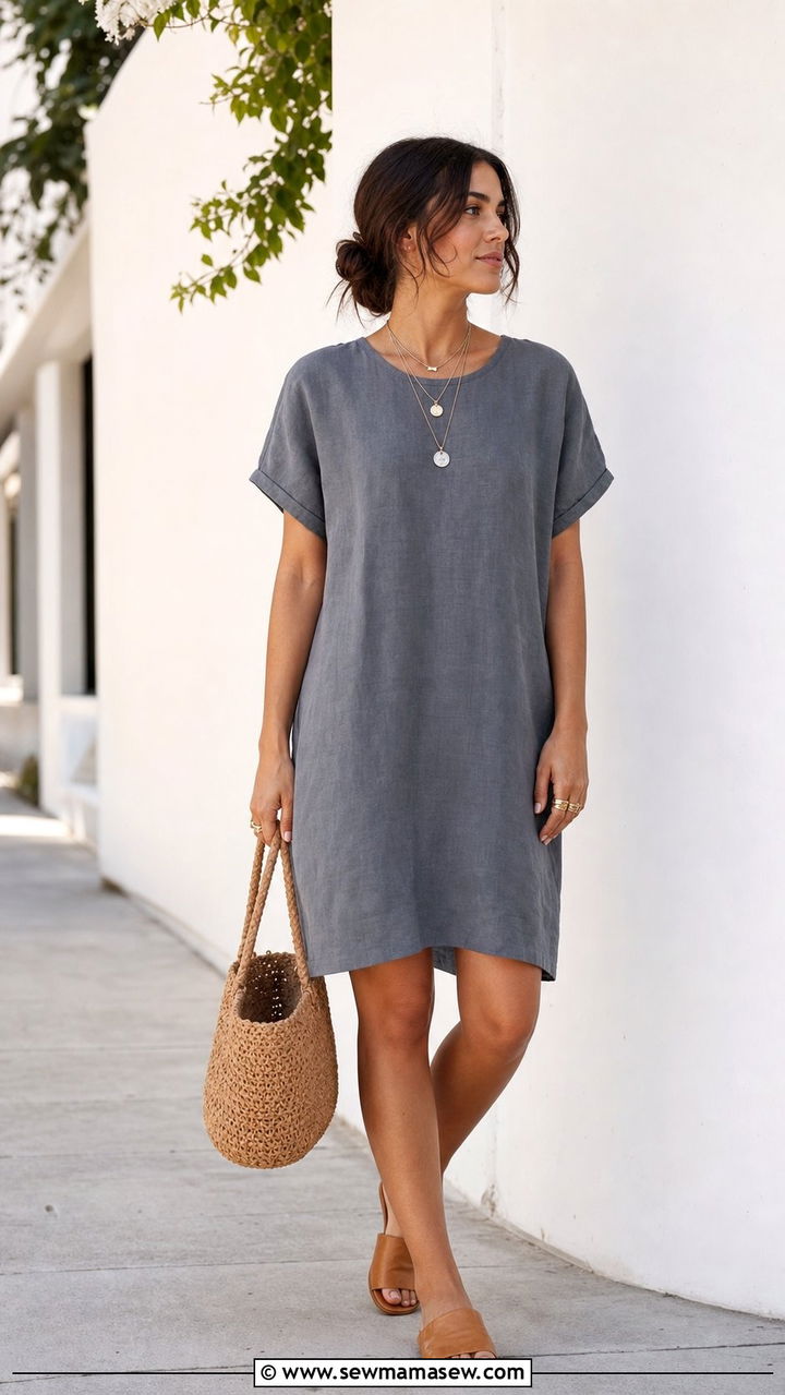 Linen Dress With Layered Necklaces Boho Look - 35 boho chic outfits ideas