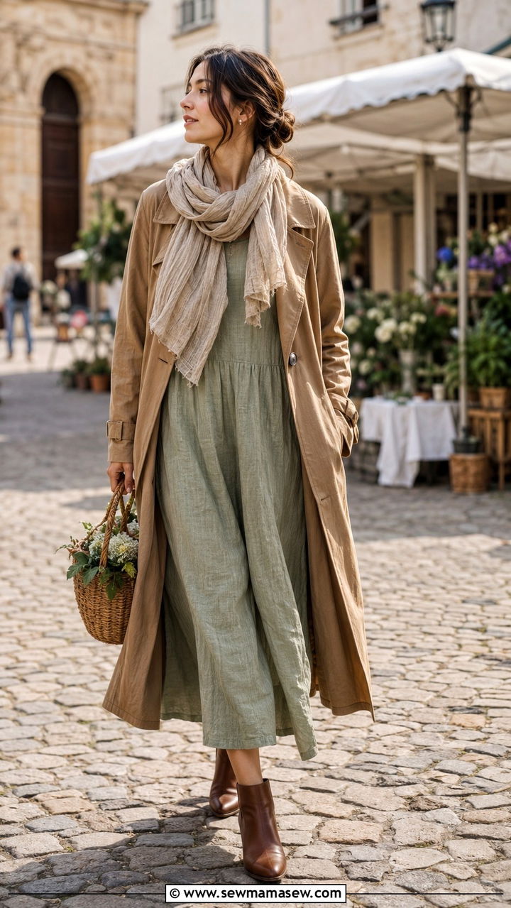 Linen Dress With Trench Coat And Scarf - 25 Poetcore outfit ideas