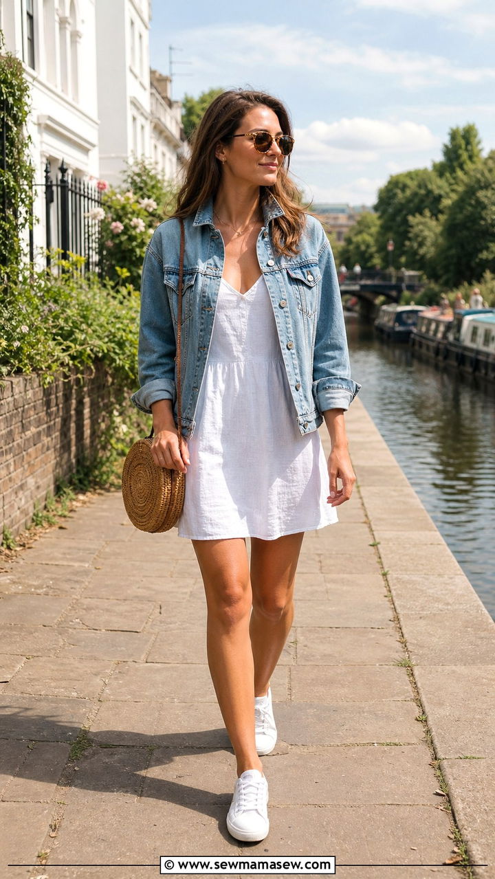 Linen Dress with Denim Jacket and Sneakers Outfit - 40 What to wear in London
