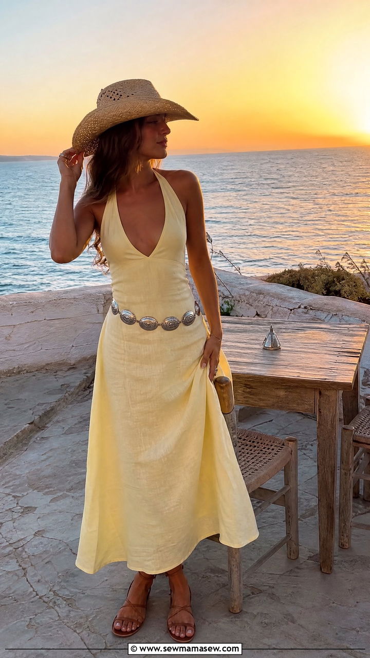 Linen Halter Dress with Concho Belt Outfit - 30 coastal cowgirl outfits ideas