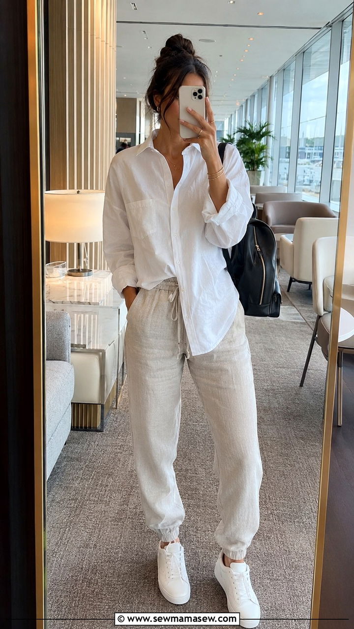 Linen Joggers with an Oversized Button Down - 30 Linen pants outfit ideas with a button down