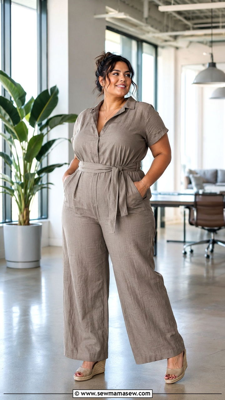 Linen Jumpsuit With Cinched Waist And Wedge Sandals - 30 Plus size office outfits