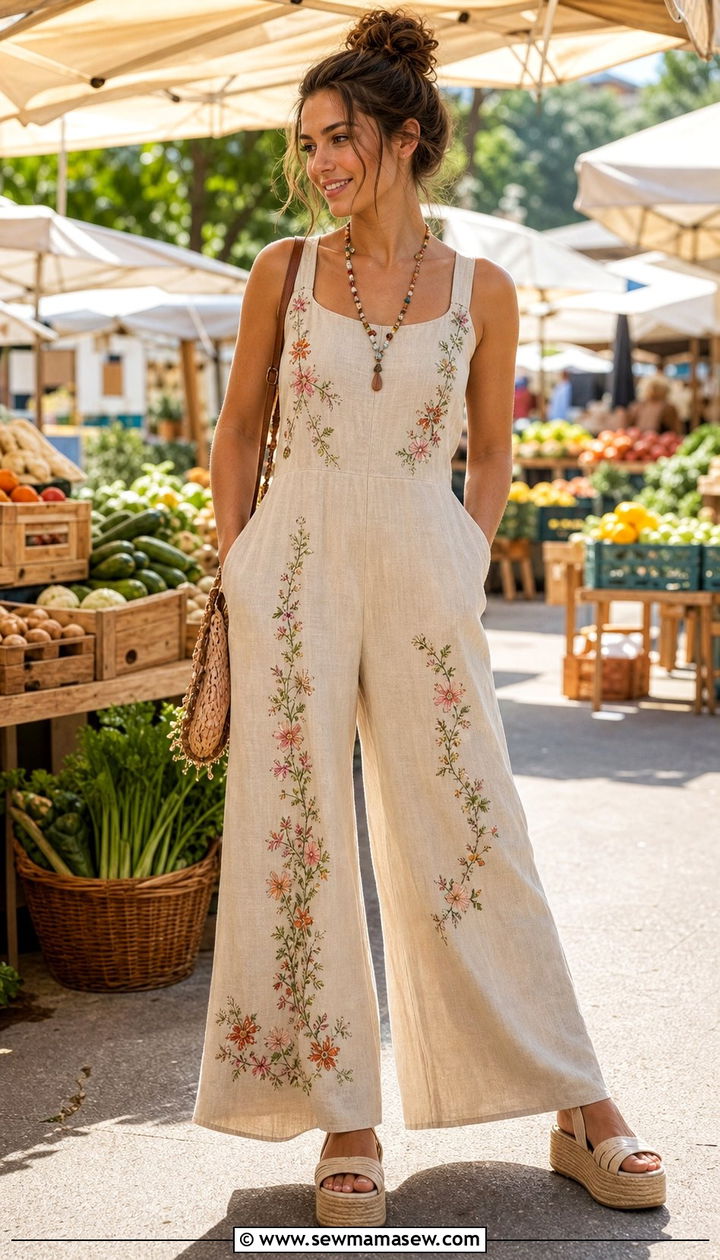 Linen Jumpsuit With Floral Embroidery And Platform Sandals - 25 summer fairycore outfit ideas