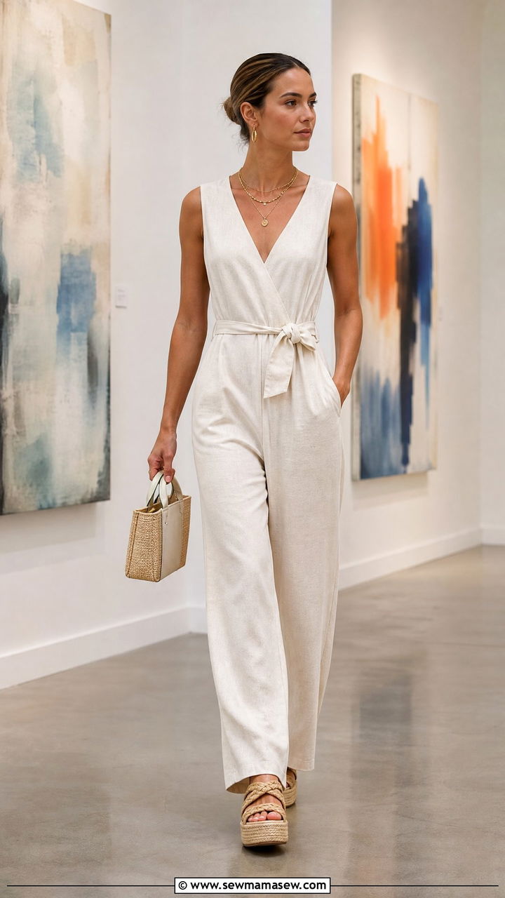 Linen Jumpsuit With Platform Sandals Outfit - 30 summer night out outfit ideas