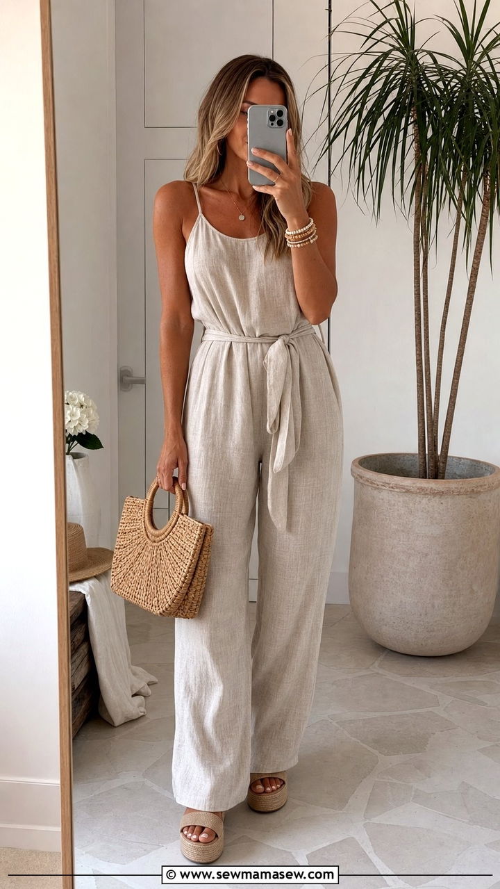 Linen Jumpsuit With Platform Sandals Spring Outfit - 25 spring outfit ideas inspo