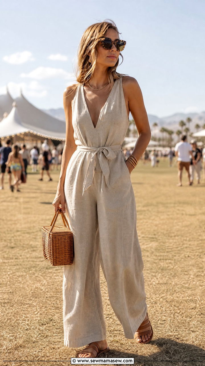 Linen Jumpsuit With Sandals Festival Look - 30 summer music festival outfit ideas