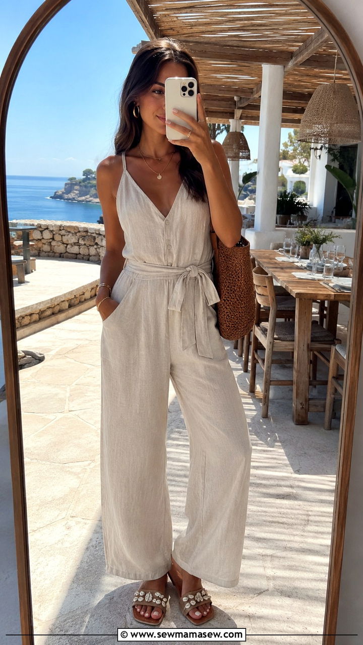 Linen Jumpsuit With Shell Adorned Slide Sandals - 30 slide sandals outfit ideas