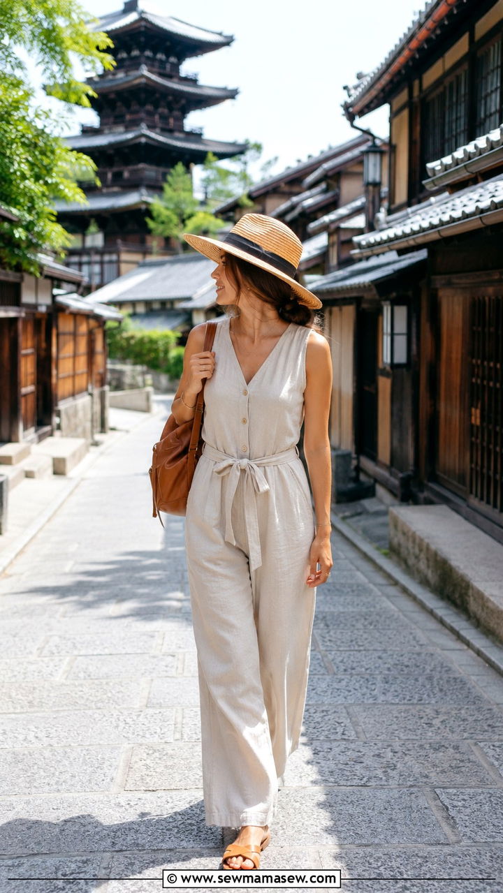Linen Jumpsuit With Straw Hat Kyoto - 30 Kyoto outfit ideas