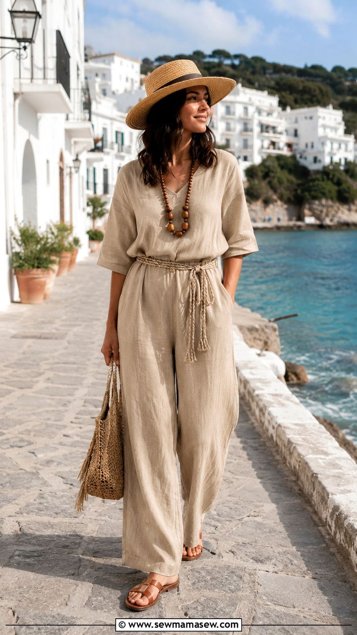 Linen Jumpsuit With Straw Hat - 25 Modest outfit ideas for beach