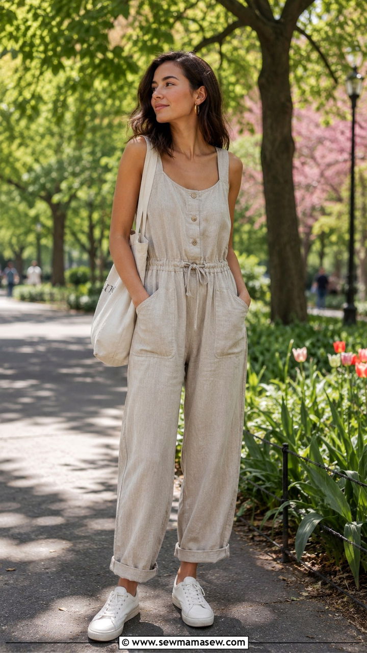 Linen Jumpsuit With White Sneakers - 30 How to style a jumpsuit in spring