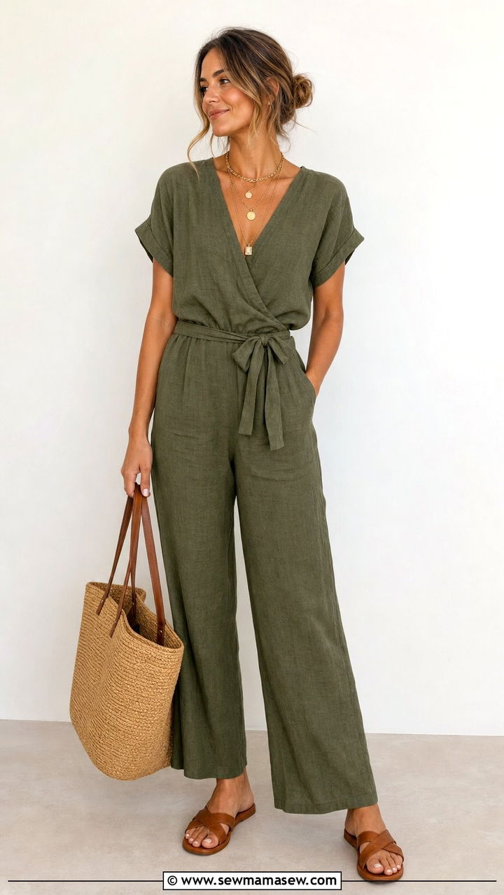 Linen Jumpsuit With Woven Accessories - 35 casual boho chic outfits