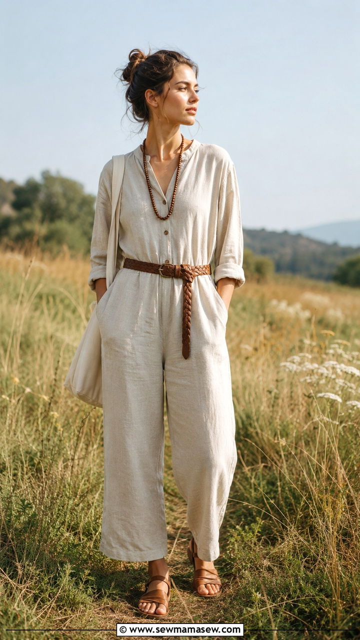 Linen Jumpsuit With Woven Belt And Flat Sandals - 30 casual fairycore outfits