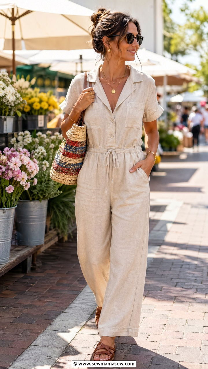 Linen Jumpsuit and Woven Sandals with Straw Tote - 35 errands outfits for women