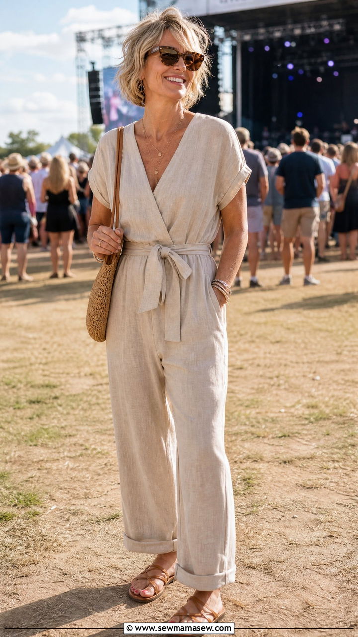 Linen Jumpsuit with Flat Sandals - 30 Concert outfit ideas for women over 40