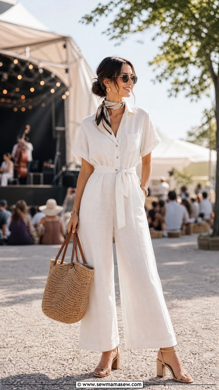 Linen Jumpsuit with Strappy Block Heels - 30 modest music festival outfit ideas