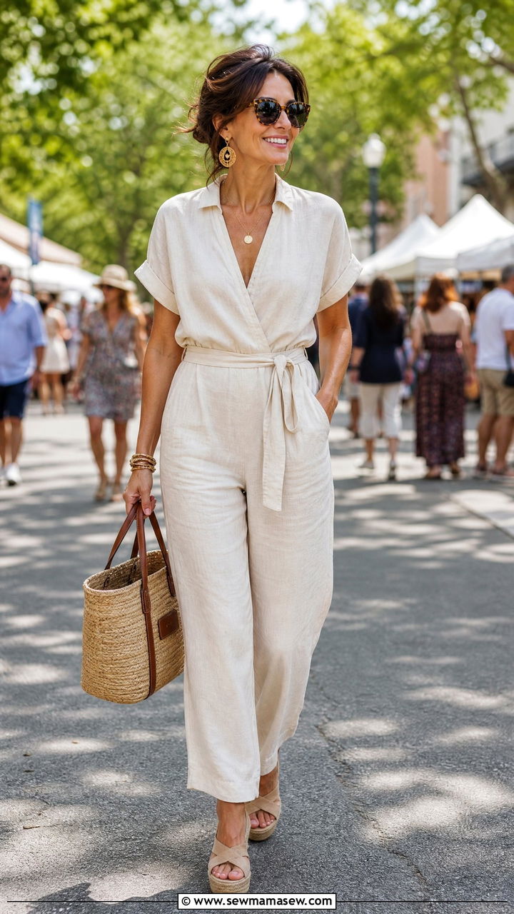 Linen Jumpsuit with Wedge Sandals Festival Look - 30 music festival outfits for women over 40