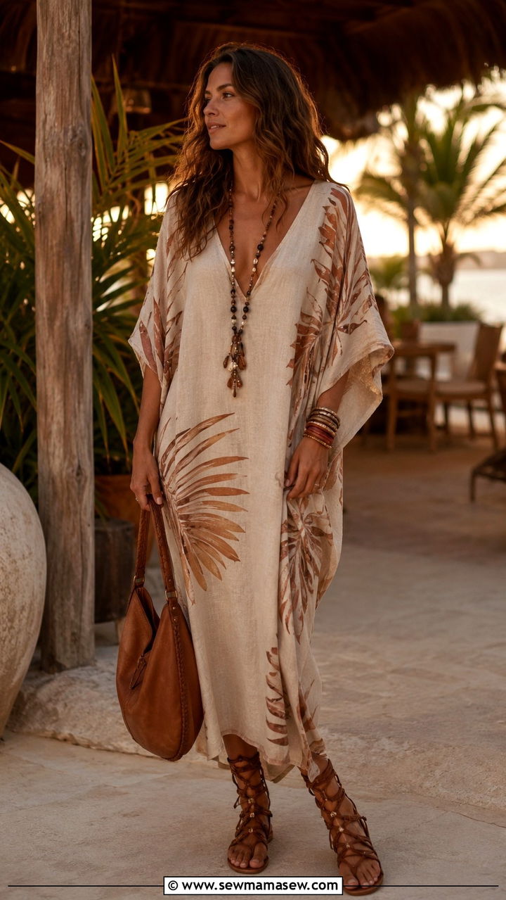 Linen Kaftan Dress with Gladiator Sandals - 30 Linen dress outfit ideas summer