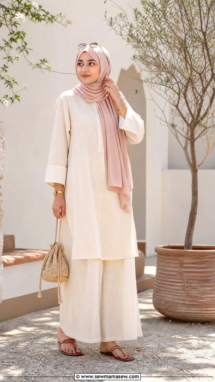 Linen Kurta With Wide Leg Trousers - 30 Eid outfit ideas for hijabis