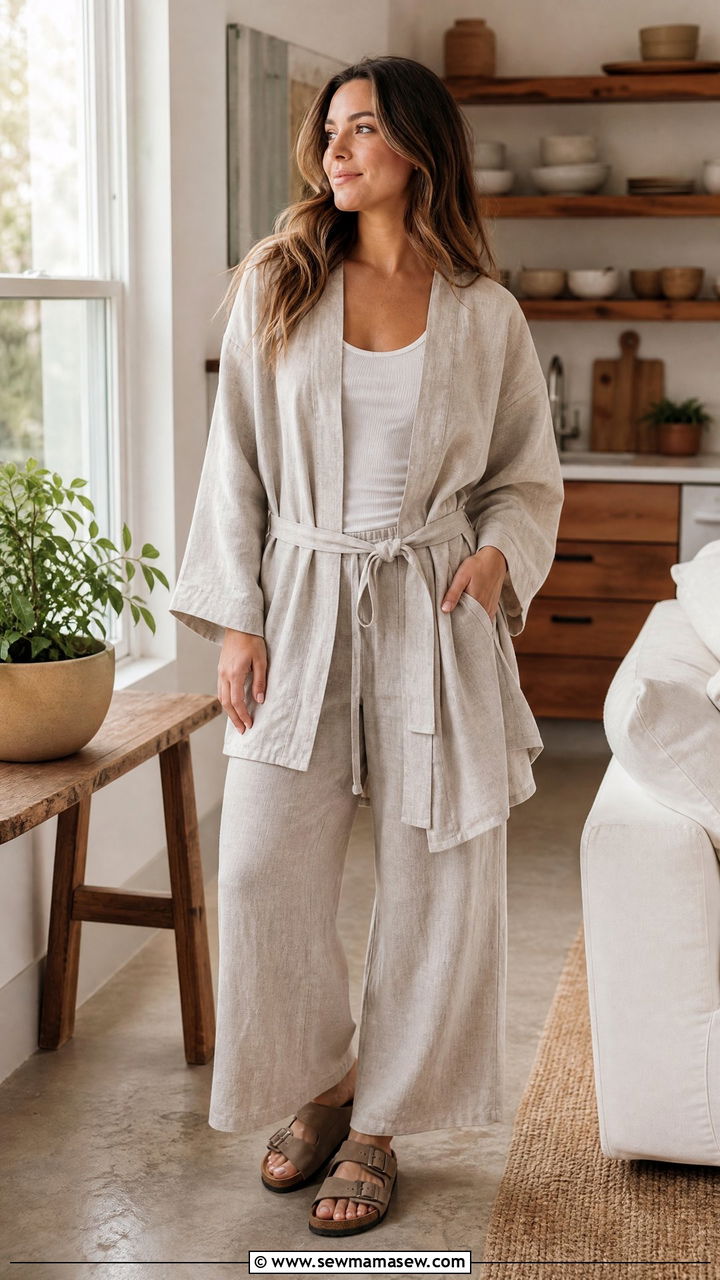 Linen Lounge Kimono and Pants Set - 25 Kimono matching set outfit ideas