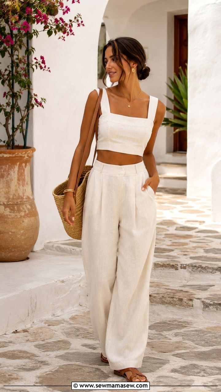 Linen Matching Set With Flat Sandals - 30 Minimalist travel outfits