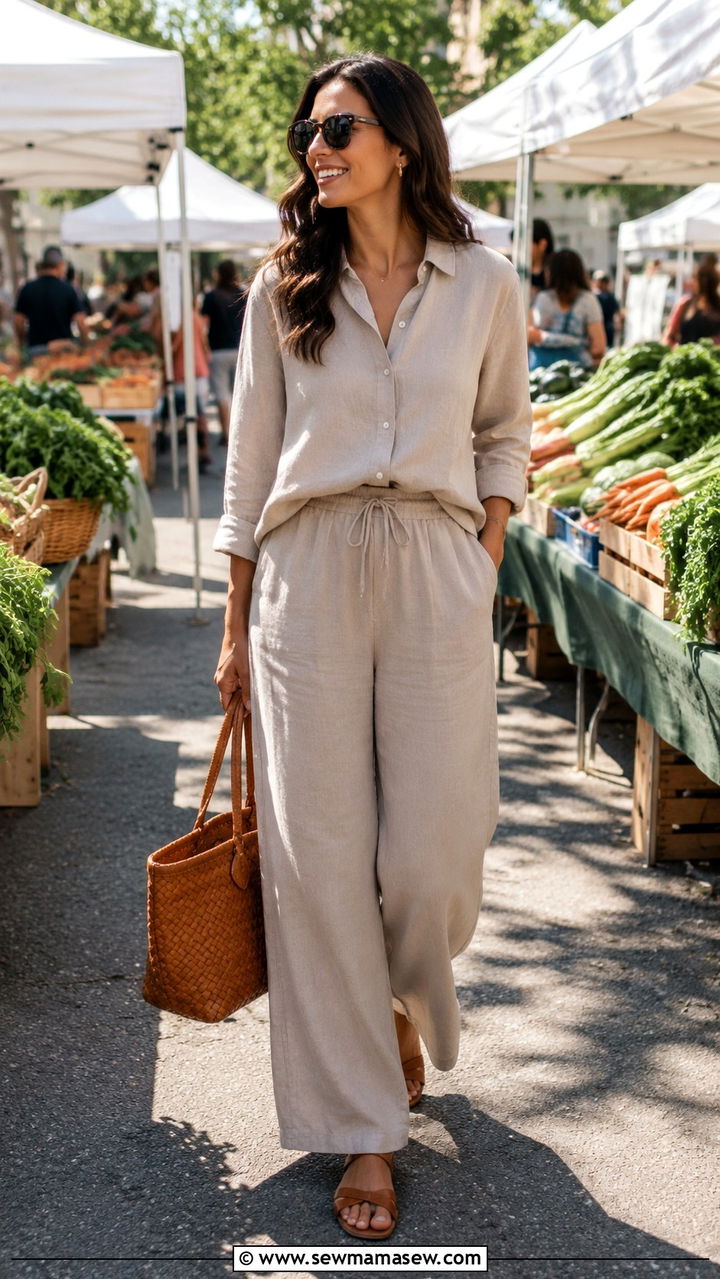 Linen Matching Set With Flat Sandals Summer Outfit 2026 - 20 summer outfits 2026 women Pinterest