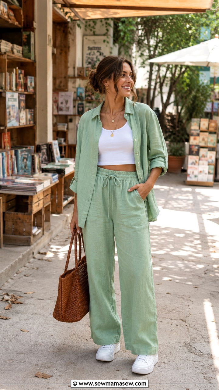 Linen Matching Set With Sneakers - 25 Wide leg linen pants outfit ideas with sneakers