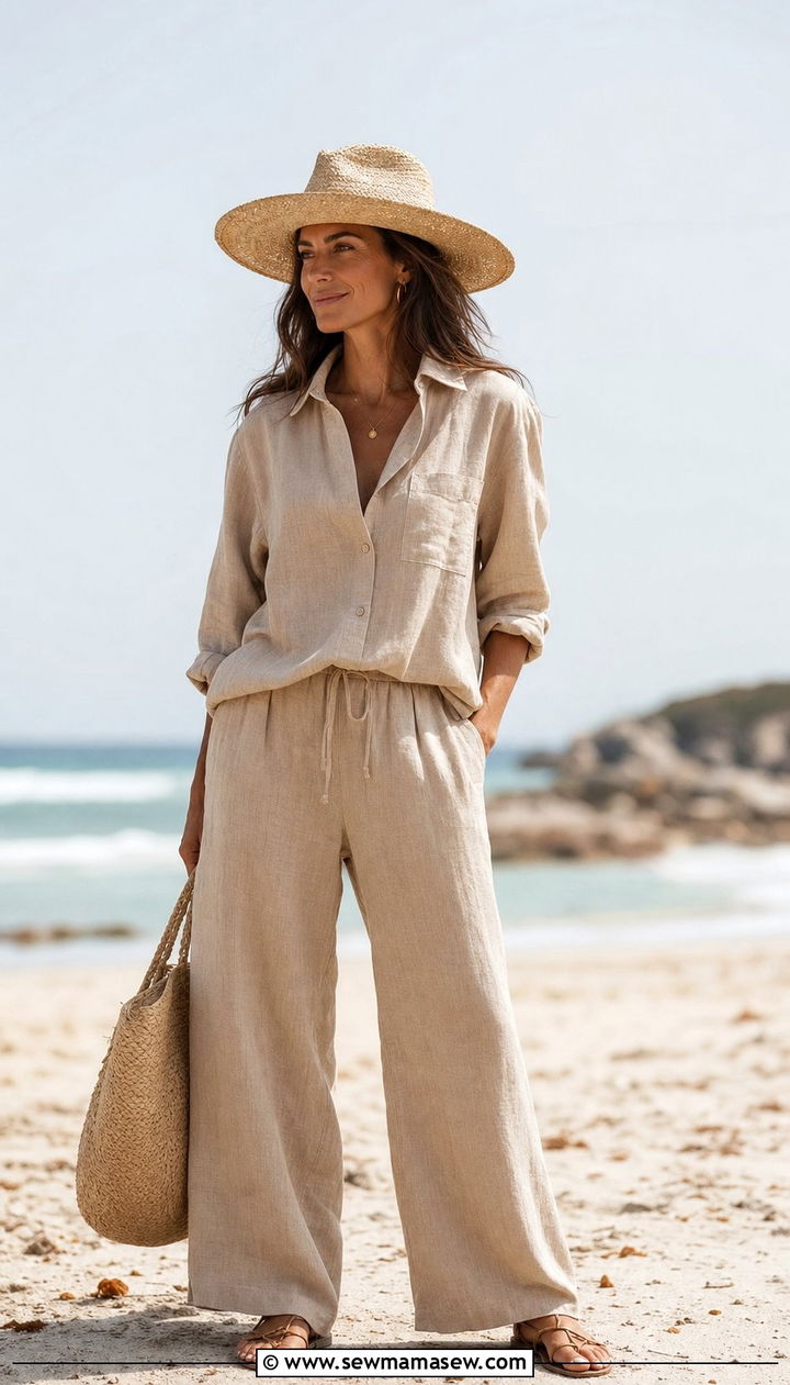 Linen Matching Set With Strappy Sandals and a Straw Hat - 25 Cool aunt outfit ideas