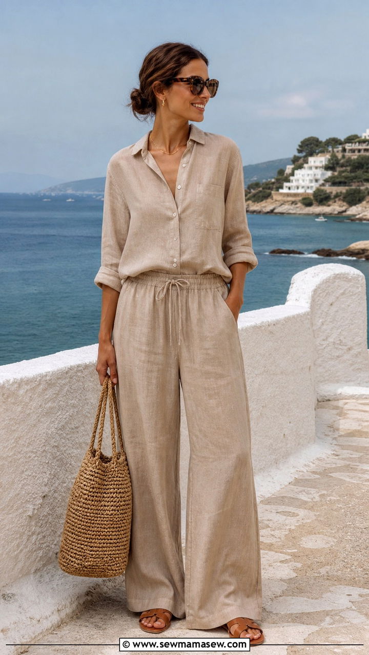 Linen Matching Set With Woven Bag - 40 French girl outfit ideas