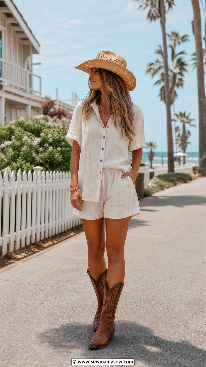 Linen Matching Set and Cowboy Boots Outfit - 30 Country summer outfits