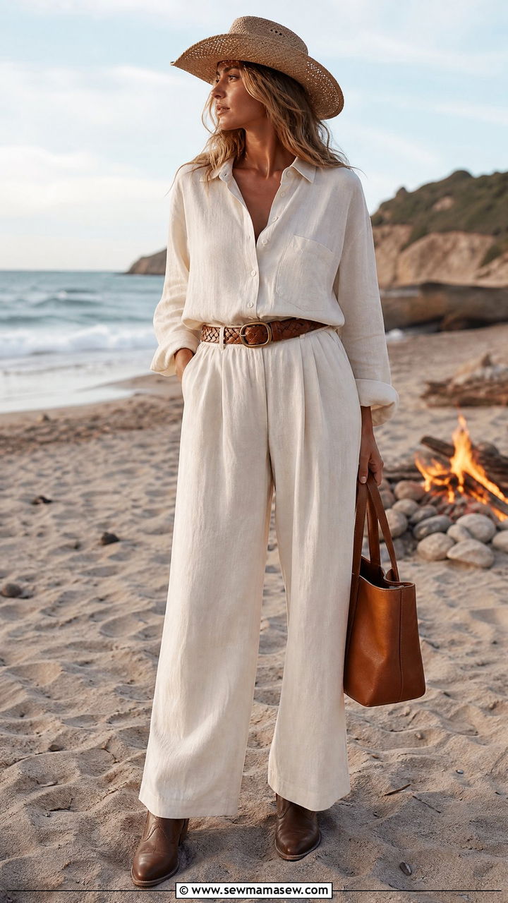 Linen Matching Set and Cowboy Boots Outfit - 30 summer western outfit ideas