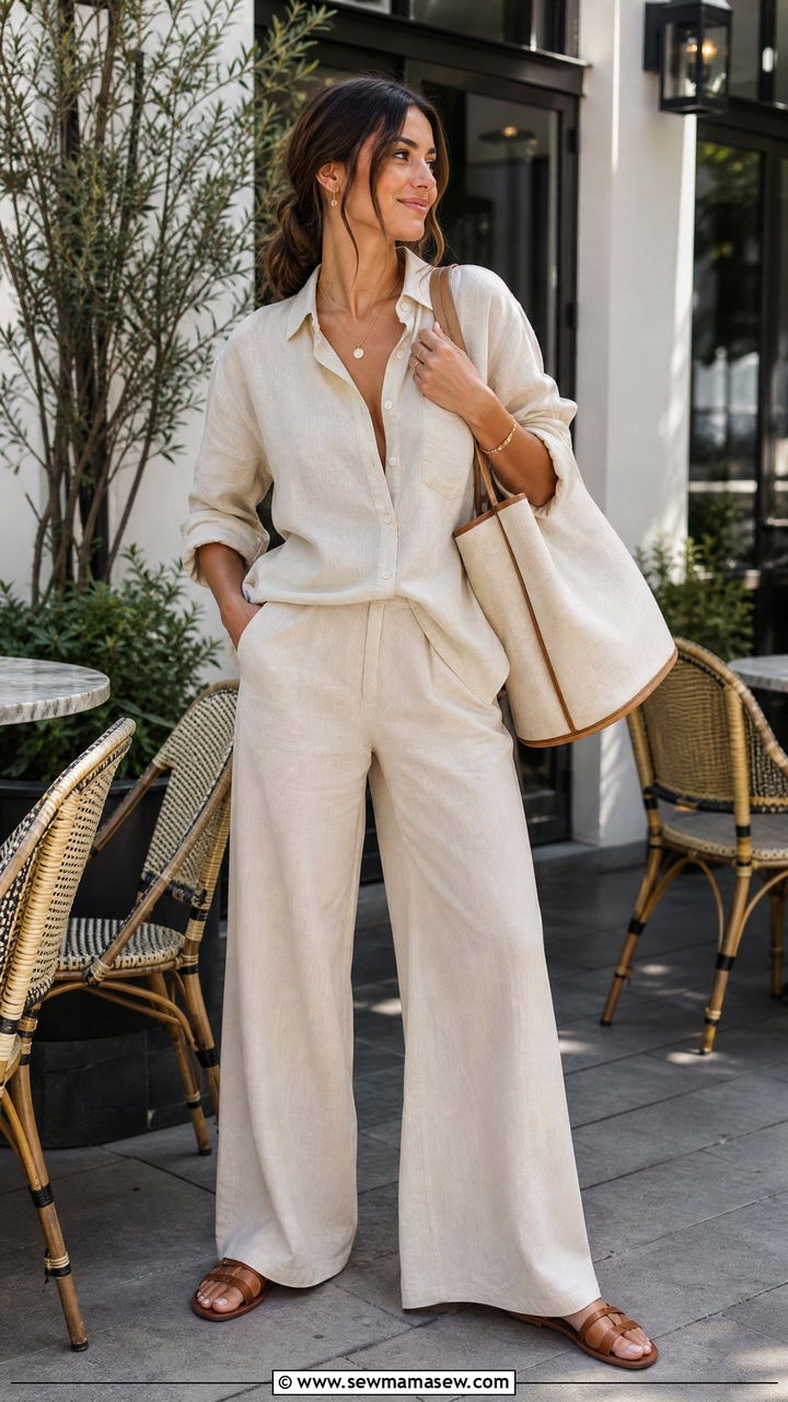 Linen Matching Set with Flat Sandals - 30 Girls brunch outfit ideas