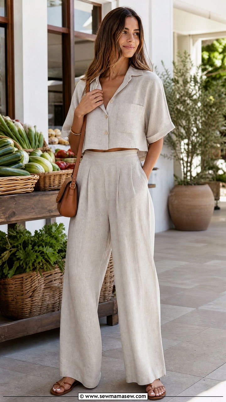 Linen Matching Set with Flat Sandals Outfit - 30 Farmers market outfit ideas
