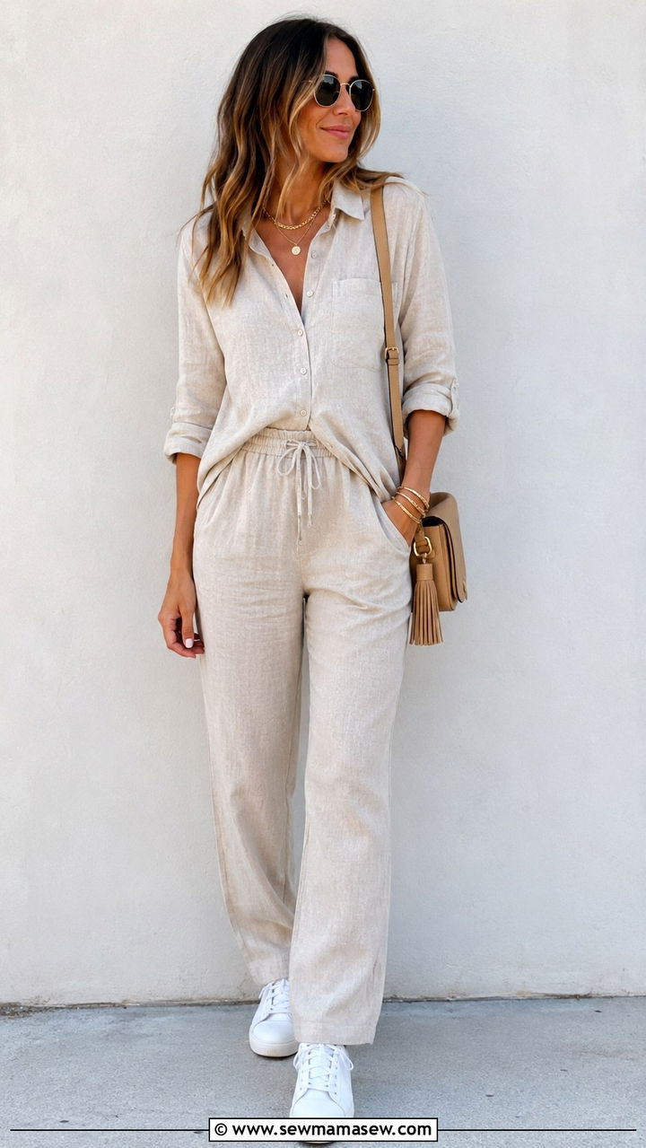 Linen Matching Set with Sneakers - 30 Linen pants outfit ideas with sneakers