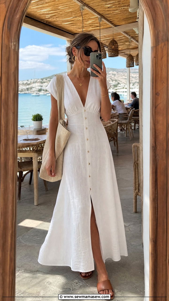 Linen Maxi Dress Brunch Outfit With Slides - 25 Brunch outfit ideas with a maxi dress